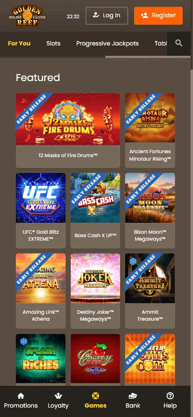 Reef 33 Casino mobile games area with casino categories