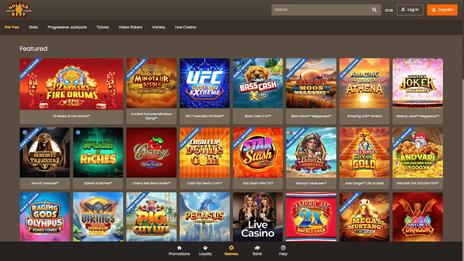 Reef 33 Casino desktop games area with pokies and casino titles